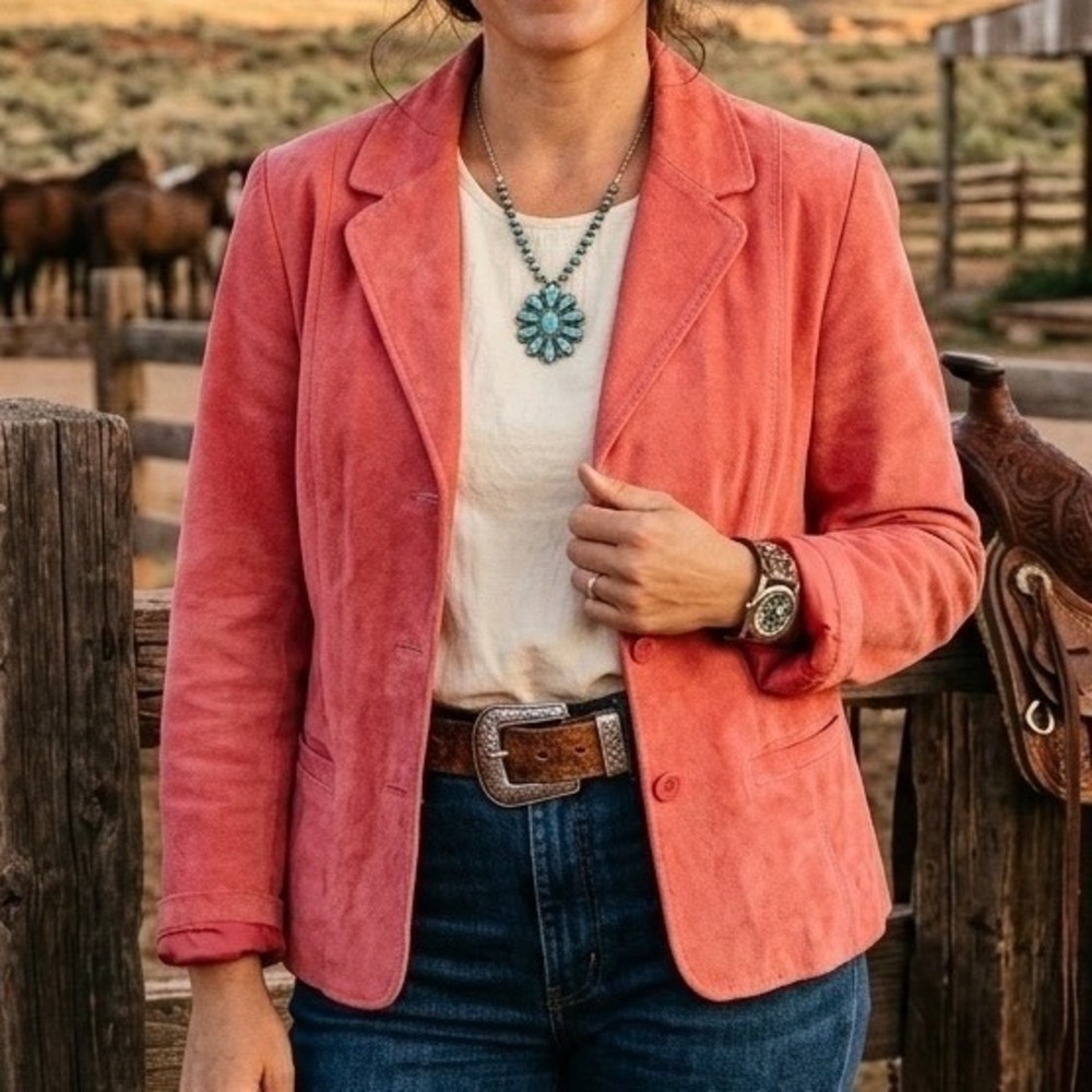 Coldwater Creek Women Suede Leather Blazer Pink Size LP Whipstitch Trim Jacket